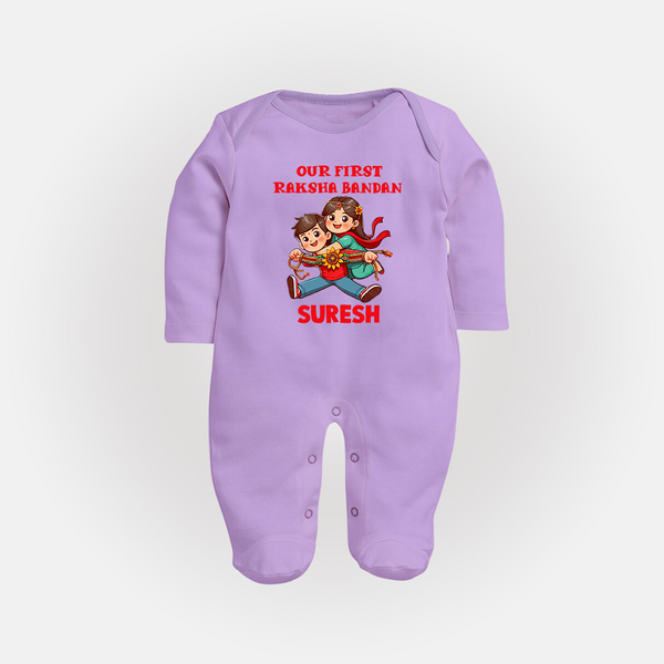Our First Raksha Bandhan Sibling Fullbody Suit – brother & sister holding Rakhi. - LILAC - New Born (Chest 7.5")