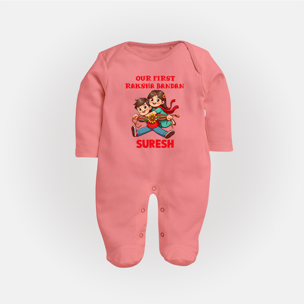 Our First Raksha Bandhan Sibling Fullbody Suit – brother & sister holding Rakhi. - PEACH - New Born (Chest 7.5")