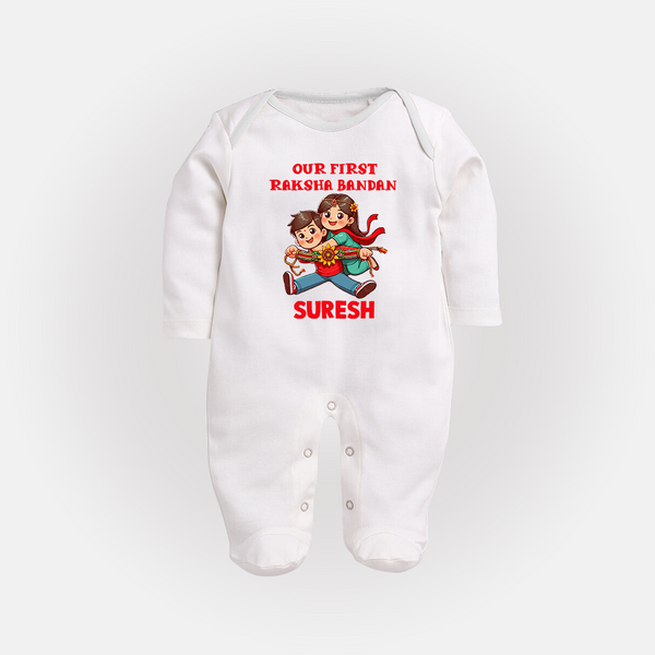 Our First Raksha Bandhan Sibling Fullbody Suit – brother & sister holding Rakhi. - WHITE - New Born (Chest 7.5")
