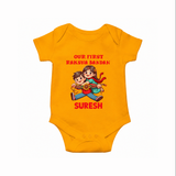 Our First Raksha Bandhan Sibling Romper  – brother & sister holding Rakhi. - CHROME YELLOW - New Born (Chest 14")
