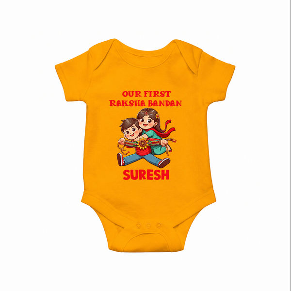 Our First Raksha Bandhan Sibling Romper  – brother & sister holding Rakhi. - CHROME YELLOW - New Born (Chest 14")