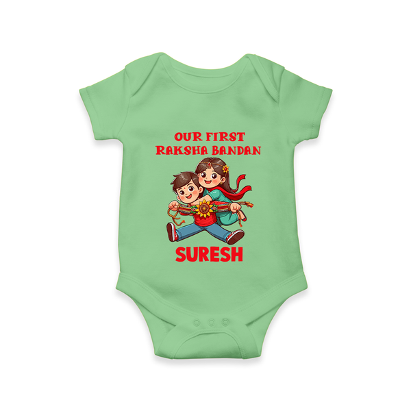 Our First Raksha Bandhan Sibling Romper  – brother & sister holding Rakhi. - GREEN - New Born (Chest 14")