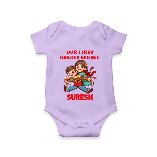 Our First Raksha Bandhan Sibling Romper  – brother & sister holding Rakhi. - LILAC - New Born (Chest 14")