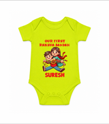 Our First Raksha Bandhan Sibling Romper  – brother & sister holding Rakhi. - LIME GREEN - New Born (Chest 14")