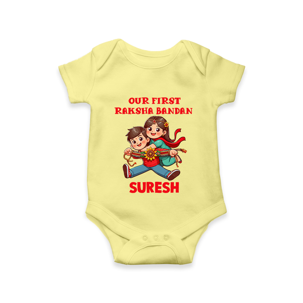 Our First Raksha Bandhan Sibling Romper  – brother & sister holding Rakhi. - PASTEL YELLOW - New Born (Chest 14")