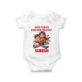 Our First Raksha Bandhan Sibling Romper  – brother & sister holding Rakhi. - WHITE - New Born (Chest 14")