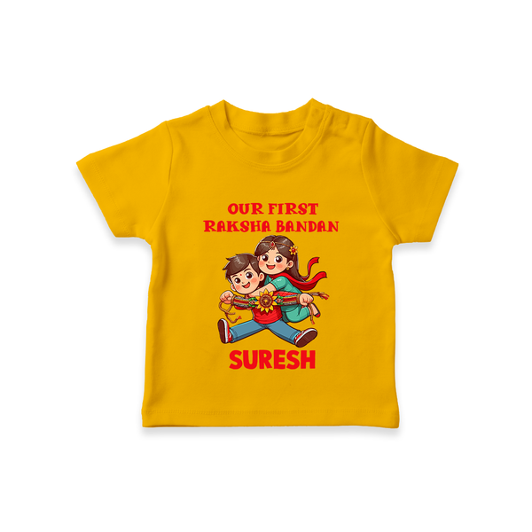 Our First Raksha Bandhan Sibling TShirt – brother & sister holding Rakhi. - CHROME YELLOW - 0-5 Months Old (Chest 17")