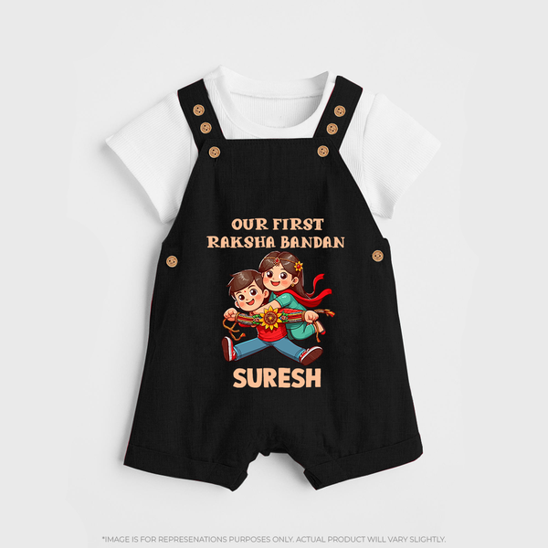 Our First Raksha Bandhan Sibling Dungaree – brother & sister holding Rakhi. - BLACK - 0 - 5 Months Old (Chest 18")