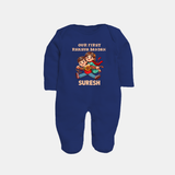 Our First Raksha Bandhan Sibling Fullbody Suit – brother & sister holding Rakhi. - NAVY BLUE - New Born (Chest 7.5")