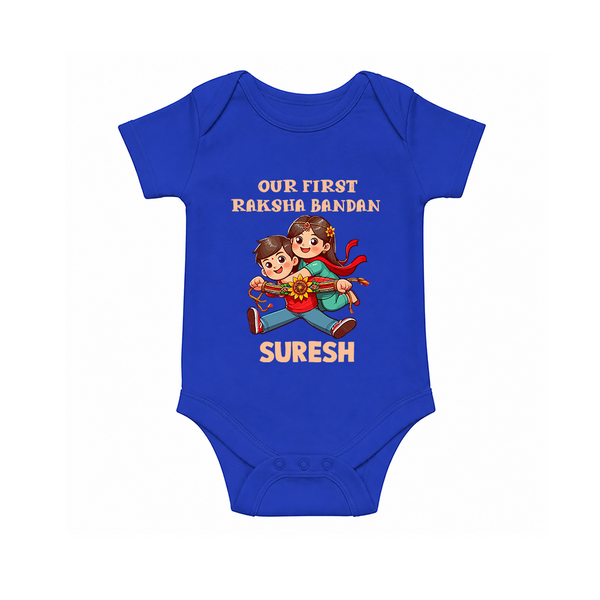 Our First Raksha Bandhan Sibling Romper  – brother & sister holding Rakhi. - COBALT BLUE - New Born (Chest 14")