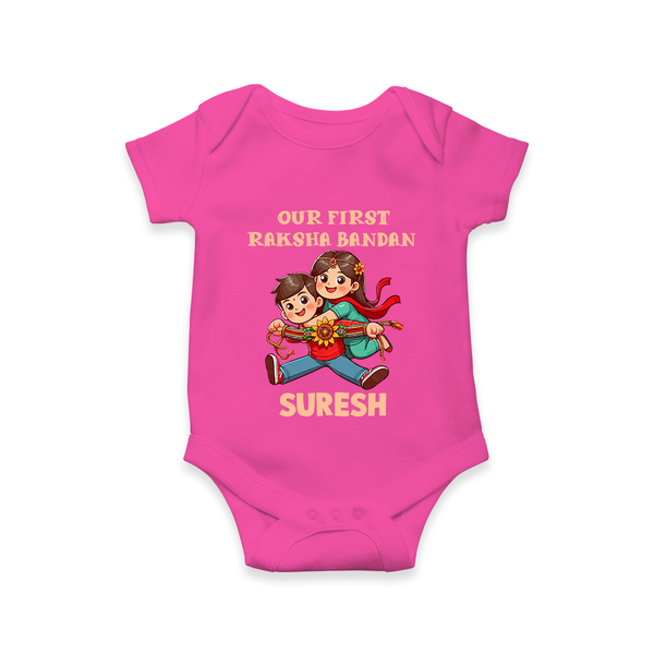 Our First Raksha Bandhan Sibling Romper  – brother & sister holding Rakhi. - HOT PINK - New Born (Chest 14")