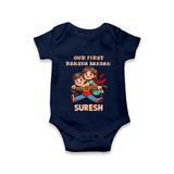 Our First Raksha Bandhan Sibling Romper  – brother & sister holding Rakhi. - NAVY BLUE - New Born (Chest 14")