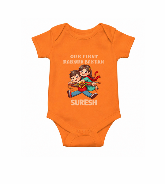 Our First Raksha Bandhan Sibling Romper  – brother & sister holding Rakhi.