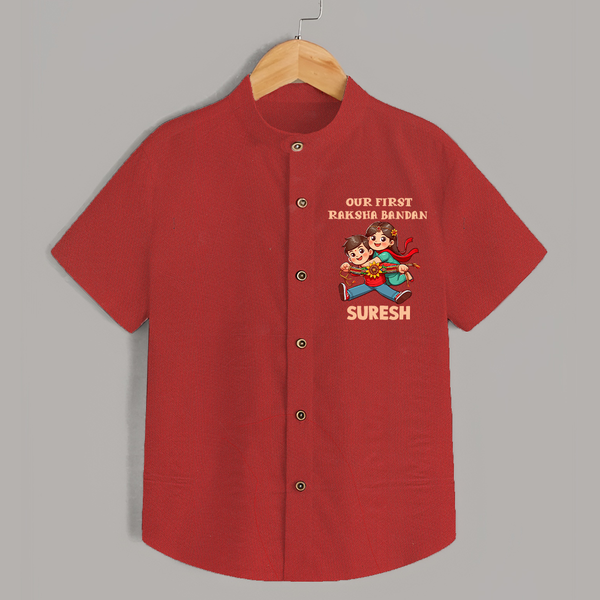 Our First Raksha Bandhan Sibling Shirt – brother & sister holding Rakhi. - RED - 0 - 6 Months Old (Chest 23")