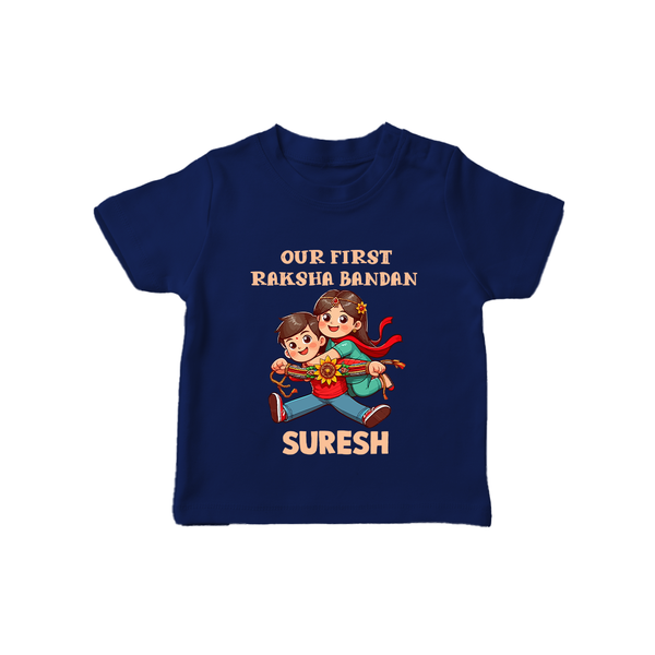 Our First Raksha Bandhan Sibling TShirt – brother & sister holding Rakhi. - NAVY BLUE - 0-5 Months Old (Chest 17")