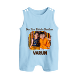 Our First BhaiDooj Together Button Romper – happy siblings hugging. - BABY BLUE - New Born (Chest 18")