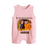 Our First BhaiDooj Together Button Romper – happy siblings hugging. - BABY PINK - New Born (Chest 18")