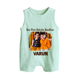 Our First BhaiDooj Together Button Romper – happy siblings hugging. - MINT GREEN - New Born (Chest 18")
