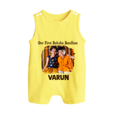 Our First BhaiDooj Together Button Romper – happy siblings hugging. - PASTEL YELLOW - New Born (Chest 18")