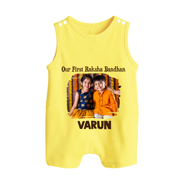 Our First BhaiDooj Together Button Romper – happy siblings hugging. - PASTEL YELLOW - New Born (Chest 18")