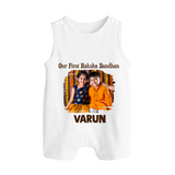 Our First BhaiDooj Together Button Romper – happy siblings hugging. - WHITE - New Born (Chest 18")