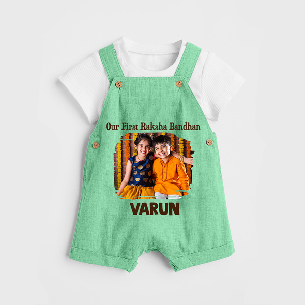 Our First BhaiDooj Together Dungaree – happy siblings hugging. - GREEN - 0 - 5 Months Old (Chest 18")