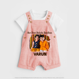 Our First BhaiDooj Together Dungaree – happy siblings hugging. - PEACH - 0 - 5 Months Old (Chest 18")