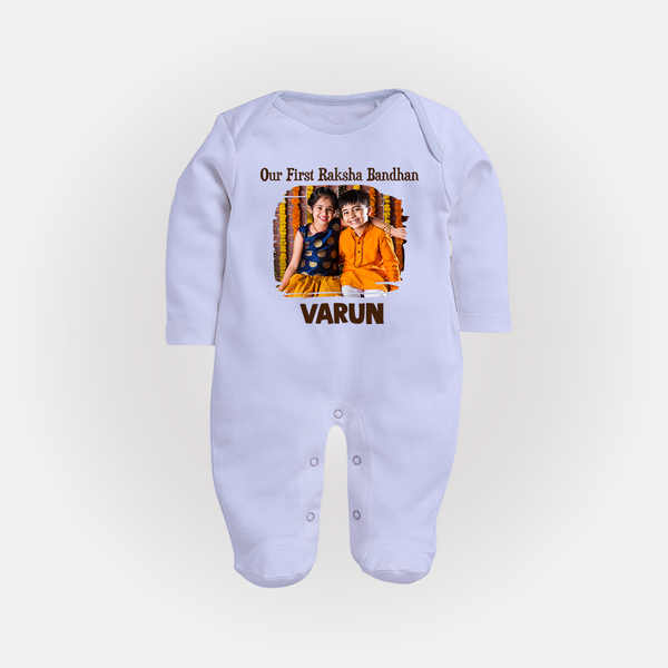 Our First BhaiDooj Together Fullbody Suit – happy siblings hugging. - BABY BLUE - New Born (Chest 7.5")