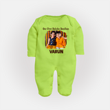 Our First BhaiDooj Together Fullbody Suit – happy siblings hugging. - LIME GREEN - New Born (Chest 7.5")