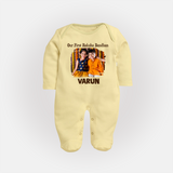 Our First BhaiDooj Together Fullbody Suit – happy siblings hugging. - PASTEL YELLOW - New Born (Chest 7.5")