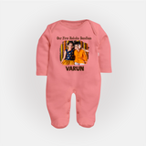 Our First BhaiDooj Together Fullbody Suit – happy siblings hugging. - PEACH - New Born (Chest 7.5")