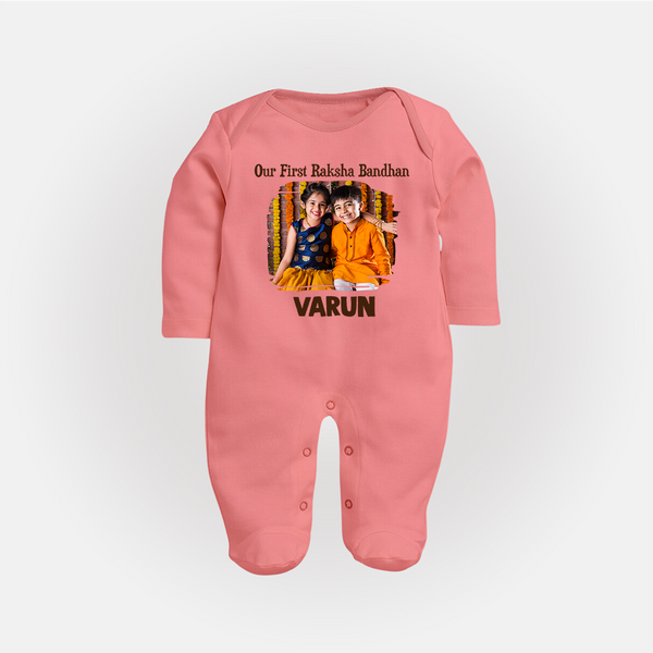 Our First BhaiDooj Together Fullbody Suit – happy siblings hugging. - PEACH - New Born (Chest 7.5")