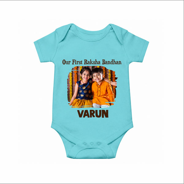 Our First BhaiDooj Together Romper  – happy siblings hugging. - ARCTIC BLUE - New Born (Chest 14")