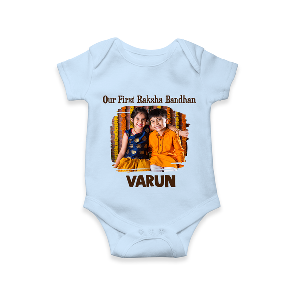 Our First BhaiDooj Together Romper  – happy siblings hugging. - BABY BLUE - New Born (Chest 14")