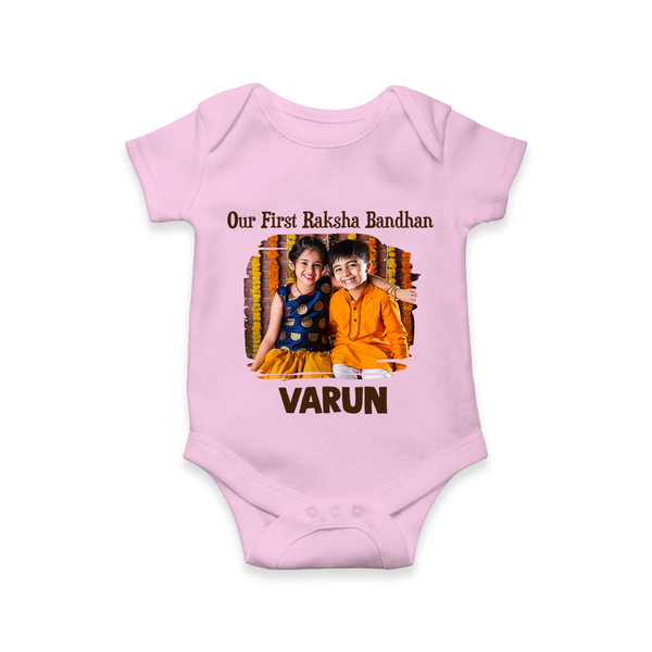 Our First BhaiDooj Together Romper  – happy siblings hugging. - BABY PINK - New Born (Chest 14")