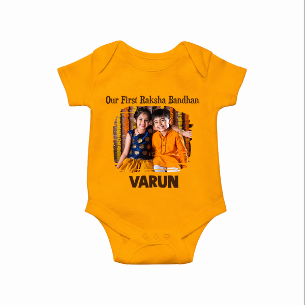 Our First BhaiDooj Together Romper  – happy siblings hugging. - CHROME YELLOW - New Born (Chest 14")