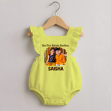 Our First BhaiDooj Together Romper Frock – happy siblings hugging. - PASTEL YELLOW - 0 - 3 Months Old (Chest 19")