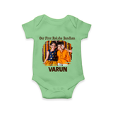 Our First BhaiDooj Together Romper  – happy siblings hugging. - GREEN - New Born (Chest 14")