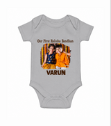 Our First BhaiDooj Together Romper  – happy siblings hugging. - GREY - New Born (Chest 14")