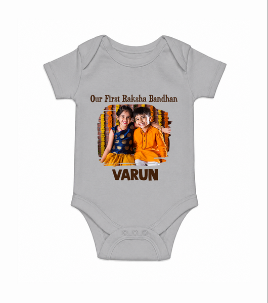 Our First BhaiDooj Together Romper  – happy siblings hugging. - GREY - New Born (Chest 14")