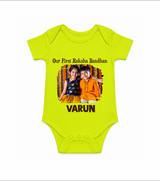 Our First BhaiDooj Together Romper  – happy siblings hugging. - LIME GREEN - New Born (Chest 14")