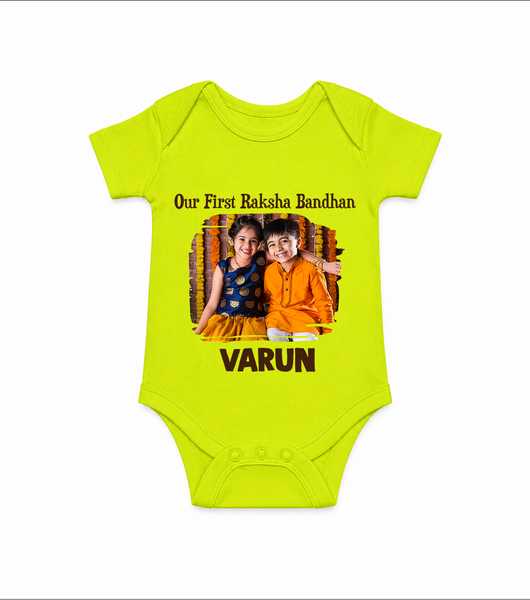 Our First BhaiDooj Together Romper  – happy siblings hugging. - LIME GREEN - New Born (Chest 14")