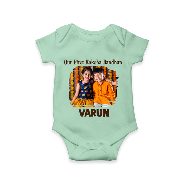 Our First BhaiDooj Together Romper  – happy siblings hugging. - MINT GREEN - New Born (Chest 14")