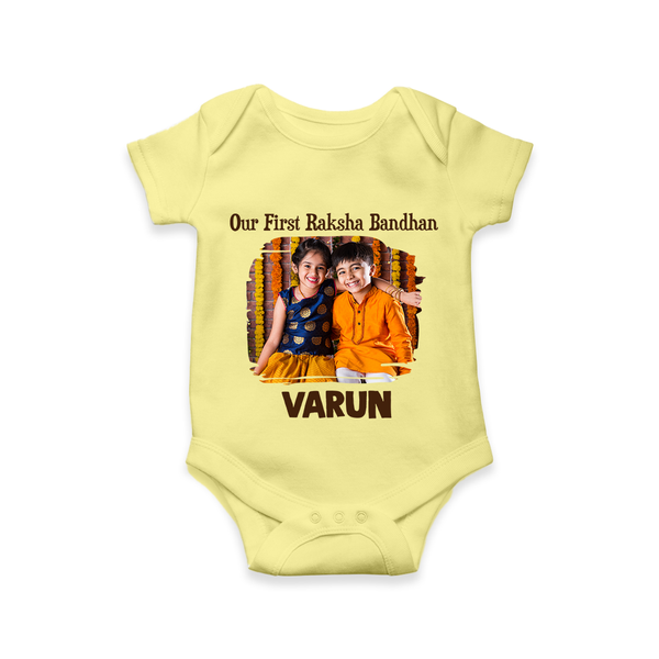 Our First BhaiDooj Together Romper  – happy siblings hugging. - PASTEL YELLOW - New Born (Chest 14")
