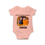 Our First BhaiDooj Together Romper  – happy siblings hugging. - PEACH - New Born (Chest 14")