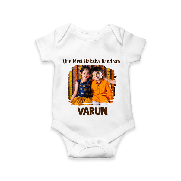 Our First BhaiDooj Together Romper  – happy siblings hugging. - WHITE - New Born (Chest 14")
