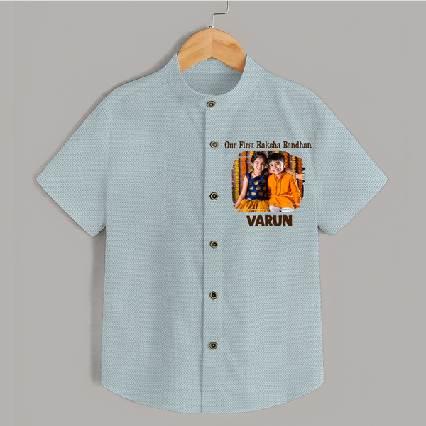 Our First BhaiDooj Together Shirt – happy siblings hugging. - ARCTIC BLUE - 0 - 6 Months Old (Chest 23")