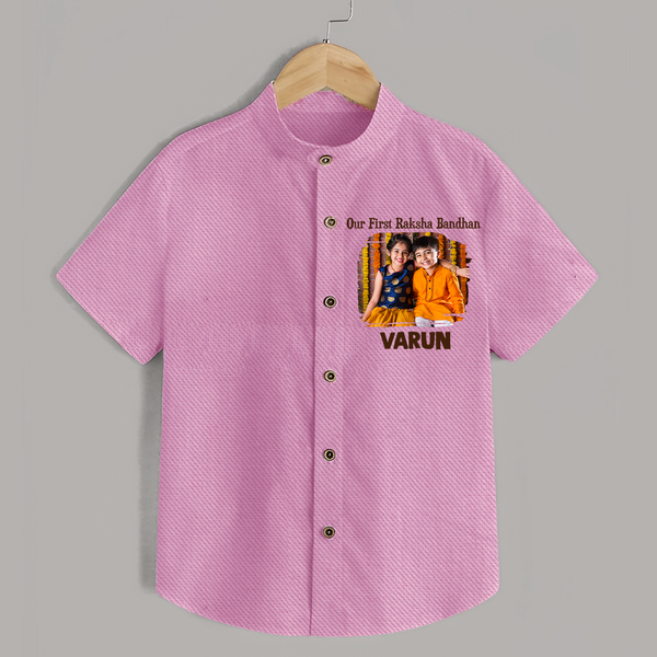 Our First BhaiDooj Together Shirt – happy siblings hugging. - BABY PINK - 0 - 6 Months Old (Chest 23")