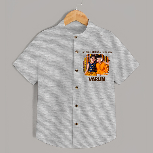 Our First BhaiDooj Together Shirt – happy siblings hugging. - GREY - 0 - 6 Months Old (Chest 23")