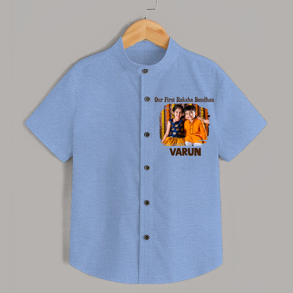 Our First BhaiDooj Together Shirt – happy siblings hugging. - SKY BLUE - 0 - 6 Months Old (Chest 23")